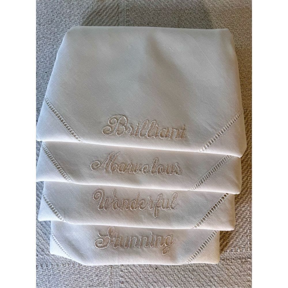 Set of 4 Linen Hemstitched Embroidered Hand Towels/Napkins
